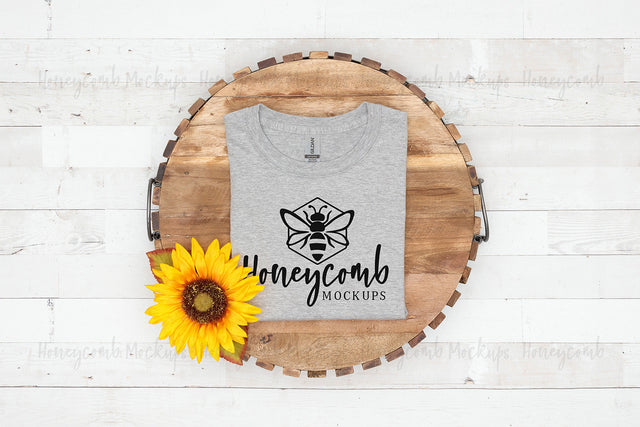Gildan 64000 Sport Grey T-Shirt Mockup, Folded Mockup, Simple Mockup, Women's Shirt Mockup with Flowers, Farmhouse Style Mockup, Sunflower Mockup Mock Up Photo Honeycomb Mockups 