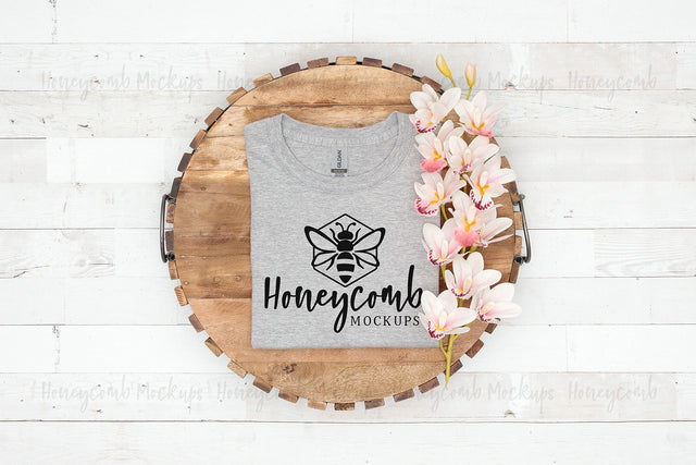 Gildan 64000 Sport Grey T-Shirt Mockup, Folded Mockup, Women's Shirt Mockup with Flowers, Farmhouse Style Mockup, Spring Mockup, Summer Mockup Mock Up Photo Honeycomb Mockups 
