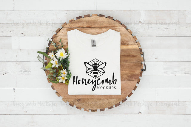 Gildan 64000 White T-Shirt Mockup, Folded Mockup, Women's Shirt Mockup with Flowers, Spring Mockup, Farmhouse Style Mockup Mock Up Photo Honeycomb Mockups 