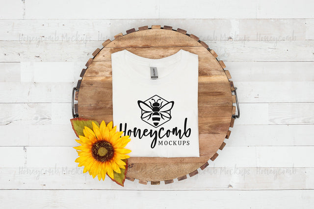 Gildan 64000 White T-Shirt Mockup, Folded Mockup, Women's Shirt Mockup, with Flowers, Sunflower Mockup, Farmhouse Style Mockup Mock Up Photo Honeycomb Mockups 