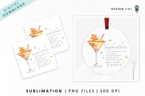 Gingerbread Martini Christmas Cocktail Recipe Illustration Sublimation Design Owl 