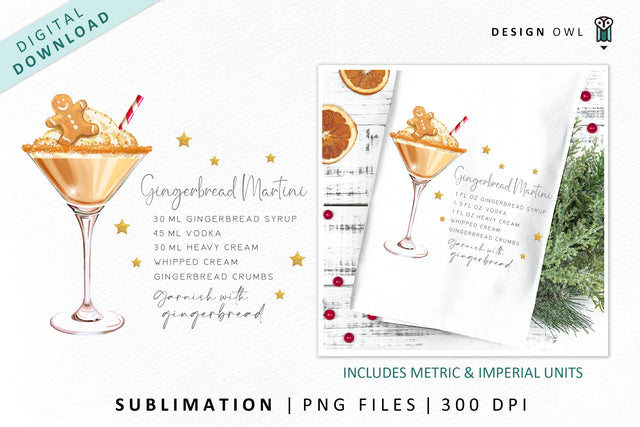 Gingerbread Martini Christmas Cocktail Recipe Illustration Sublimation Design Owl 