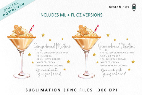 Gingerbread Martini Christmas Cocktail Recipe Illustration Sublimation Design Owl 