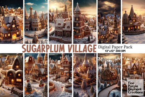 Gingerbread Village | Christmas Background Digital Pattern Fine Purple Elephant Creations 