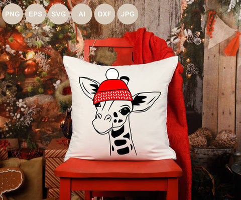 Giraffe in Hat Svg, Animal Svg, Christmas Cut file, Safari Christmas, Animal Face, Kids Svg for Shirt Designs, Cute, Nature, Silhouette, Png SVG BogeliaVector 
