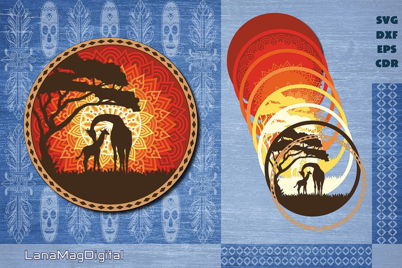 Giraffe mandala svg, Layered sunset, Layered Papercraft 3D Paper LanaMagDigital 