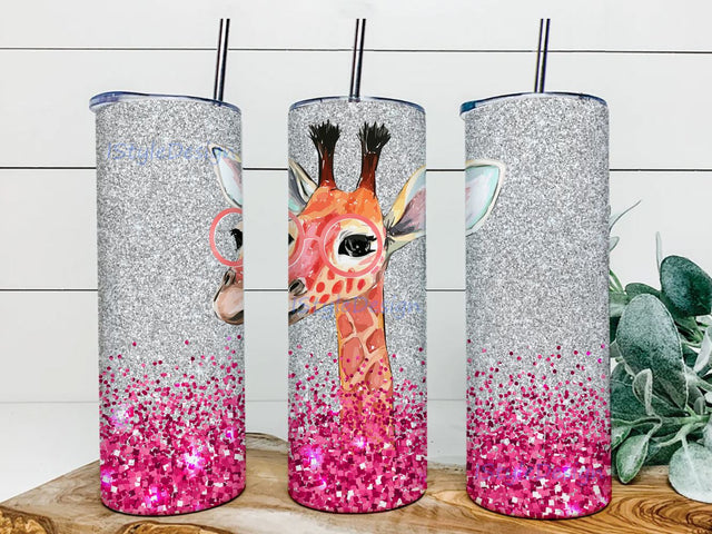 Giraffe Pink Glitter Sublimation Tumbler Design - Straight & Tapered Sublimation Wrap Design Sublimation iStyleDesign 
