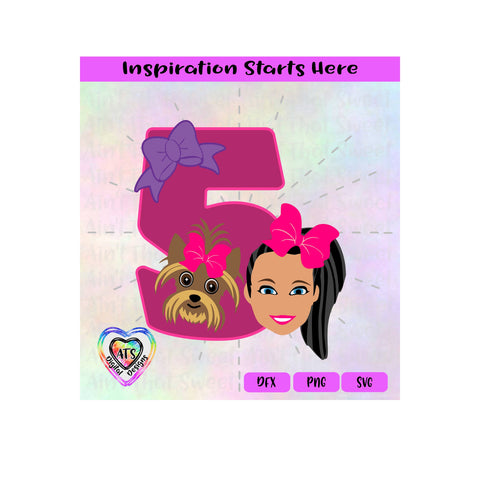 Girl and Her Dog | Dark Hair | Bow | Tanned Skin | 5th Birthday - Transparent PNG, SVG, DXF - Silhouette, Cricut, Scan N Cut SVG Aint That Sweet 