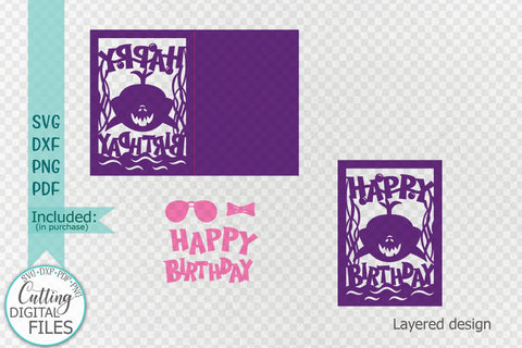 Girl birthday card svg, shark birthday card svg, cricut birthday card, happy birthday card svg, card laser cut file, cut out card SVG kartcreationii 