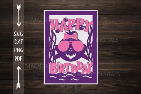 Girl birthday card svg, shark birthday card svg, cricut birthday card, happy birthday card svg, card laser cut file, cut out card SVG kartcreationii 