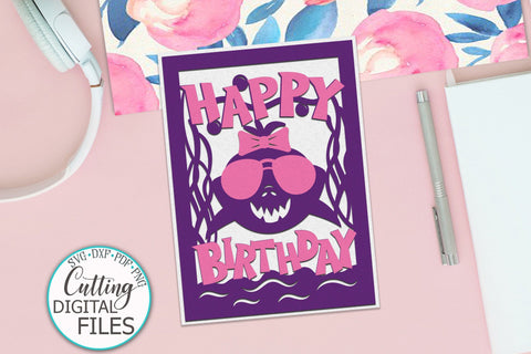 Girl birthday card svg, shark birthday card svg, cricut birthday card, happy birthday card svg, card laser cut file, cut out card SVG kartcreationii 