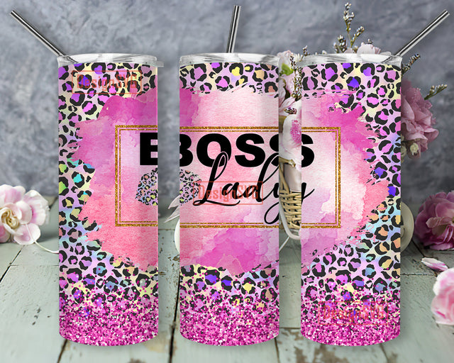 Girl Boss, Black Woman 20 oz Skinny Tumbler Design, Boss Lady, Glitter, Leopard Print, Entrepreneur, Full Wrap, Template for Sublimation Sublimation DesignSVG 
