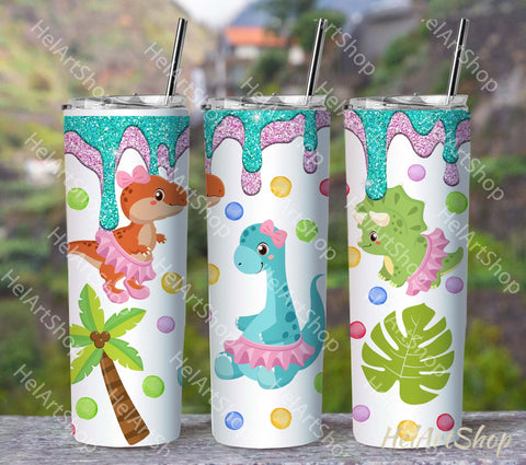 Girl Dino Tumbler PNG, Kids SKINNY TUMBLER Png Sublimation _HelArtShop_ 