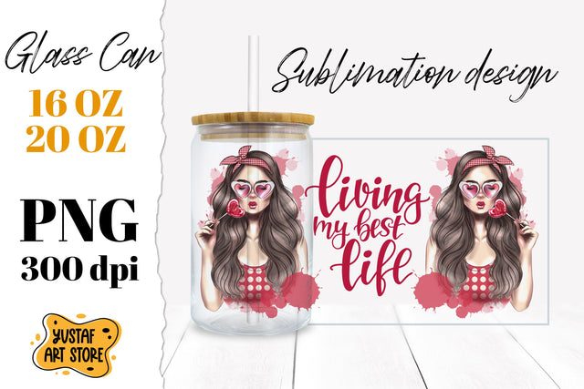 Girl in bandana Glass Can Sublimation "Living my best Life" Sublimation Yustaf Art Store 