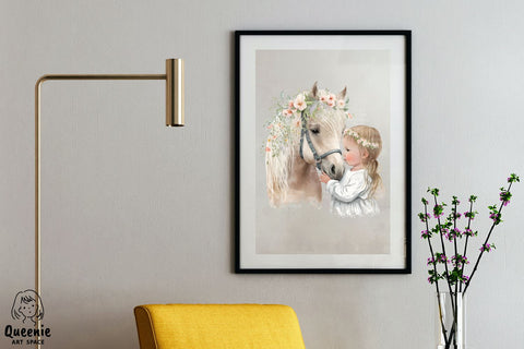 Girl Pampering Horse Watercolor Illustration Sublimation Q-nie Art Space 