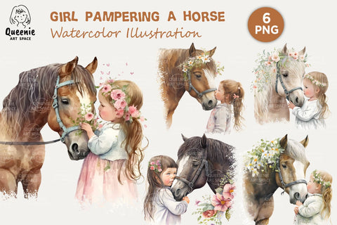 Girl Pampering Horse Watercolor Illustration Sublimation Q-nie Art Space 