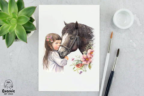 Girl Pampering Horse Watercolor Illustration Sublimation Q-nie Art Space 