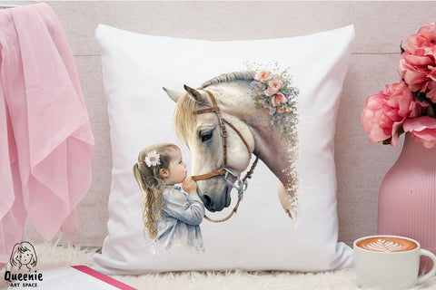 Girl Pampering Horse Watercolor Illustration Sublimation Q-nie Art Space 
