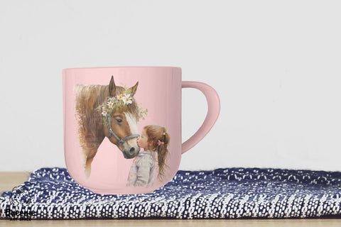 Girl Pampering Horse Watercolor Illustration Sublimation Q-nie Art Space 