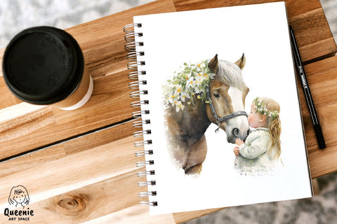 Girl Pampering Horse Watercolor Illustration Sublimation Q-nie Art Space 
