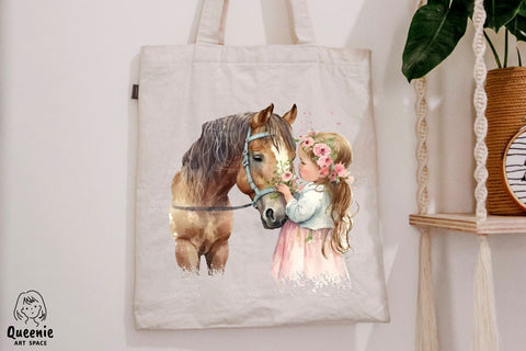 Girl Pampering Horse Watercolor Illustration Sublimation Q-nie Art Space 