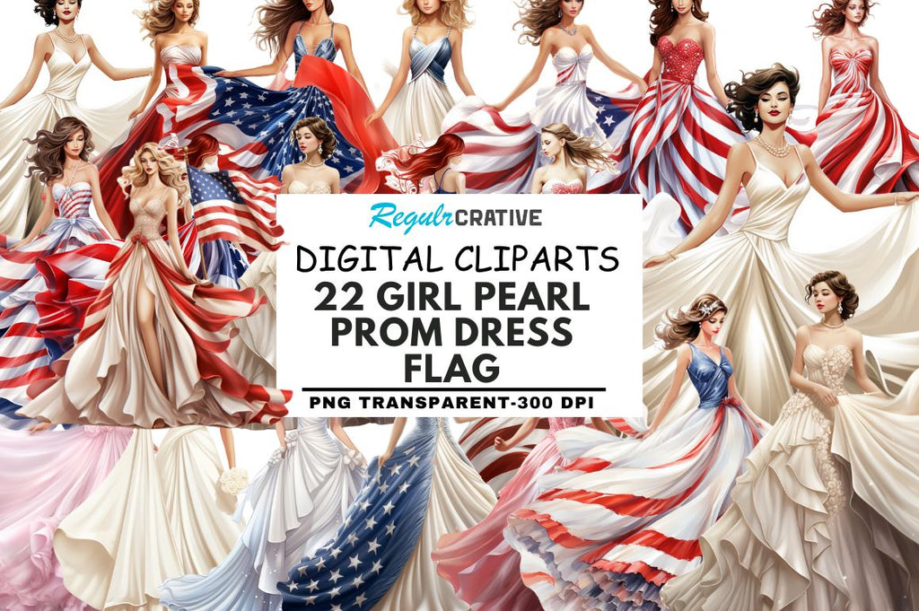 Girl Pearl Prom Dress Flag Clipart Bundle - So Fontsy