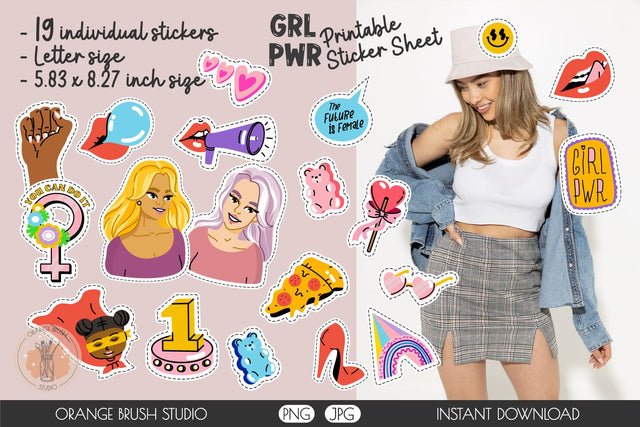 Girl Power Printable PNG Stickers | Women Equality Bundle Sublimation OrangeBrushStudio 