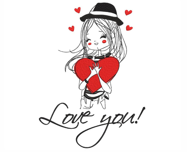 Girl with a Heart Embroidery Design, Love You Embroidery File, 3 sizes, Instant Download Embroidery/Applique DESIGNS Nino Nadaraia 