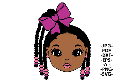 Girl with Ribbon, Cornrows Hairstyle, Conrow Wig, Sweet Girl, Afro Girl Svg, Black Girl Svg, Pink lips, Cute Little Kid, Svg Cut Files SVG 1uniqueminute 