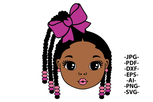 Girl with Ribbon, Cornrows Hairstyle, Conrow Wig, Sweet Girl, Afro Girl Svg, Black Girl Svg, Pink lips, Cute Little Kid, Svg Cut Files SVG 1uniqueminute 