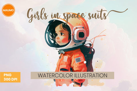 Girls in Space Suits Watercolor Clipart Sublimation Maumo Designs 