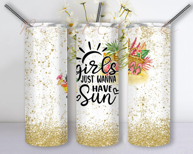 Girls Just Wanna Have Sun 20oz Skinny Tumbler Png, Glitter Tumbler, Beach Girl Tumbler, Beach Life Tumbler, Beach Tumbler, Vacation Tumbler Sublimation PixelChick 