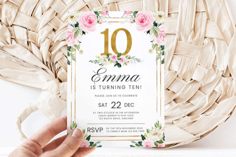 Girls Pink & Gold 10th Birthday Canva Invitation Template 3D Paper BijouBay 