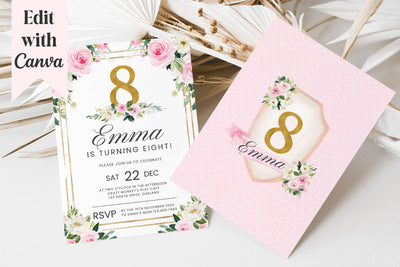 Girls Pink & Gold 8th Birthday Canva Invitation Template 3D Paper BijouBay 