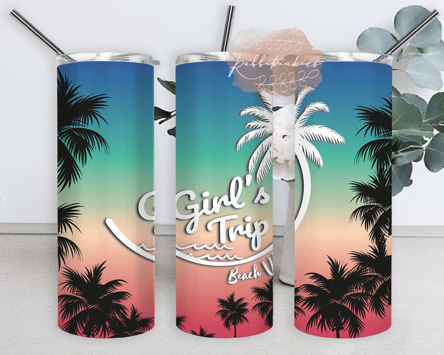 Girls Trip Tumbler Png, Summer Holiday Beach 20oz Skinny Tumbler, Summer Palm Sublimation Png Sublimation Rabbitmakies 