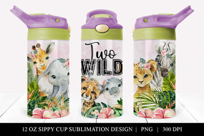 Girls TWO Wild Safari Animal 12 oz Sippy Cup Tumbler Wrap Sublimation BijouBay 