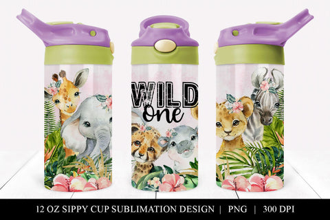 Girls Wild ONE Safari Animal 12 oz Sippy Cup Tumbler Wrap Sublimation BijouBay 