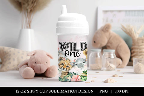 Girls Wild ONE Safari Animal 12 oz Sippy Cup Tumbler Wrap Sublimation BijouBay 