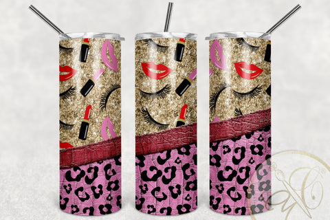 Girly 20oz Skinny Tumbler Sublimation/ Makeup/ Leopard and Leather/ Glitter/ Pink and Red Lipstick Sublimation Marlene Campos 
