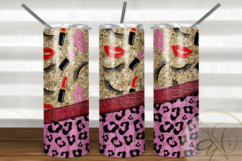 Girly 20oz Skinny Tumbler Sublimation/ Makeup/ Leopard and Leather/ Glitter/ Pink and Red Lipstick Sublimation Marlene Campos 