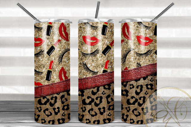 Girly 20oz Skinny Tumbler Sublimation/ Makeup/ Leopard and Leather/ Glitter/ Red Sublimation Marlene Campos 
