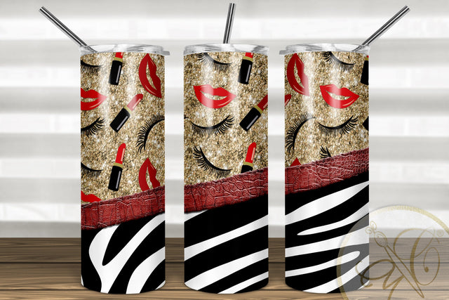 Girly 20oz Skinny Tumbler Sublimation/ Makeup/ Makeup/ Zebra and Leather/ Glitter/ Red Sublimation Marlene Campos 