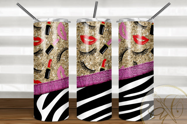 Girly 20oz Skinny Tumbler Sublimation/ Makeup/ Zebra and Leather/ Glitter/ Pink and Red Sublimation Marlene Campos 