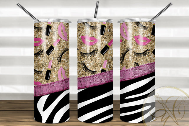 Girly 20oz Skinny Tumbler Sublimation/ Makeup/ Zebra and Leather/ Glitter/ Pink Sublimation Marlene Campos 