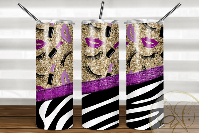 Girly 20oz Skinny Tumbler Sublimation/ Makeup/ Zebra and Leather/ Glitter/ Purple Sublimation Marlene Campos 