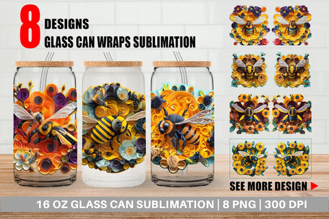 Glass Can Wrap 3D Bee Quilling Art Sublimation artnoy 