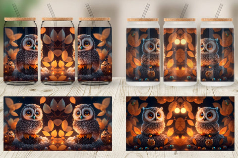 Glass Can Wrap 3D Bird Owl Halloween Sublimation artnoy 