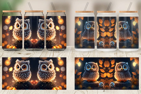 Glass Can Wrap 3D Bird Owl Halloween Sublimation artnoy 