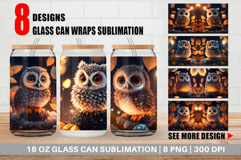 Glass Can Wrap 3D Bird Owl Halloween Sublimation artnoy 
