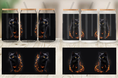 Glass Can Wrap 3D Black Cat Burn Sublimation artnoy 